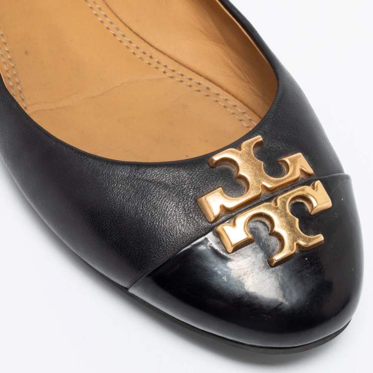Pre Owned Tory Burch Black Leather and Patent Leather Jolie Ballet Flats Size 38