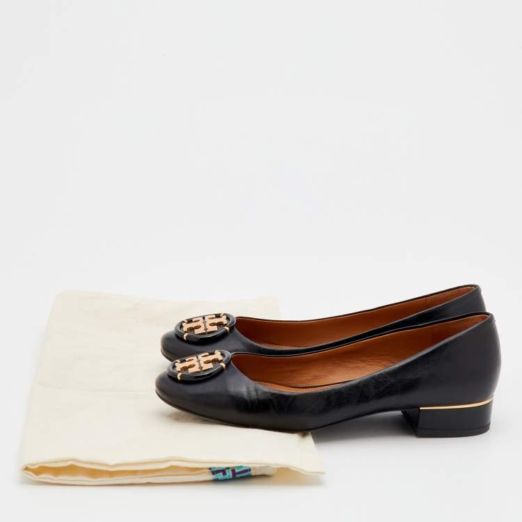 Pre Owned Tory Burch Black Leather Logo Ballet Flats Size 37.5
