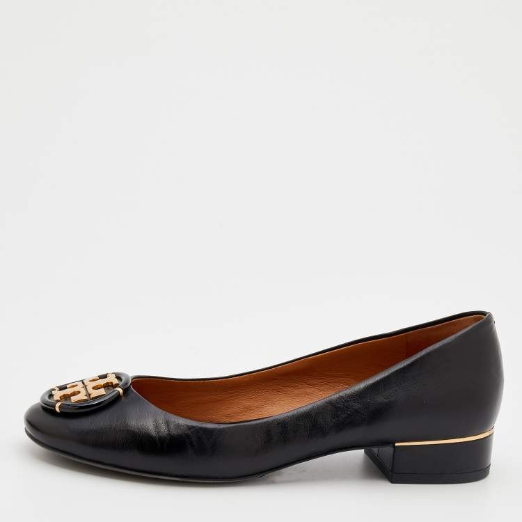 Pre Owned Tory Burch Black Leather Logo Ballet Flats Size 37.5
