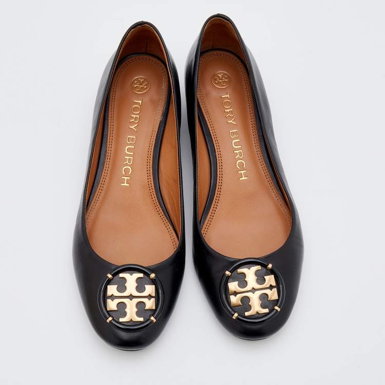 Pre Owned Tory Burch Black Leather Logo Ballet Flats Size 37.5