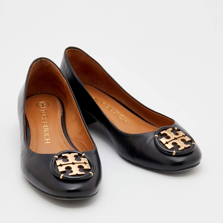 Pre Owned Tory Burch Black Leather Logo Ballet Flats Size 37.5