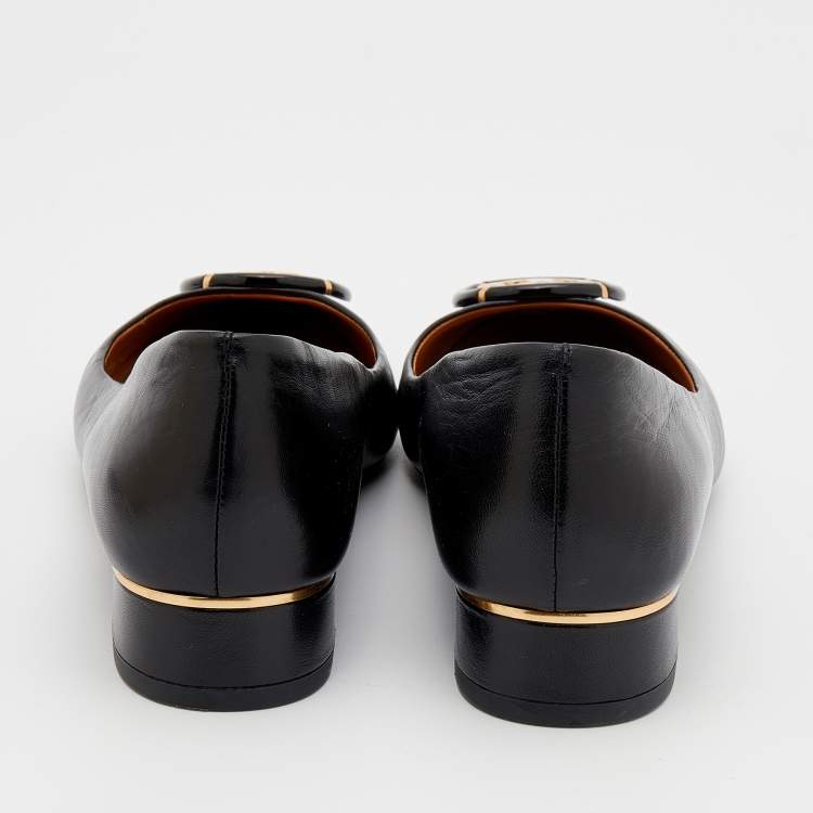Pre Owned Tory Burch Black Leather Logo Ballet Flats Size 37.5