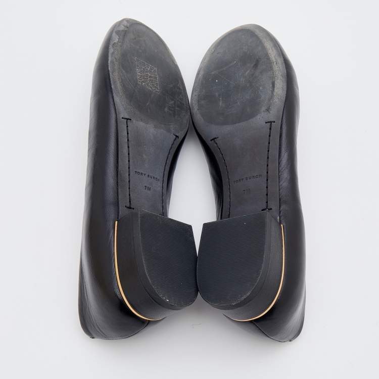 Pre Owned Tory Burch Black Leather Logo Ballet Flats Size 37.5