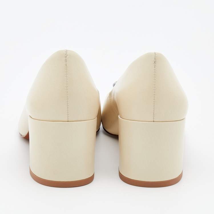 Pre Owned Tory Burch Cream Leather Logo Block Heel Pumps Size 37.5