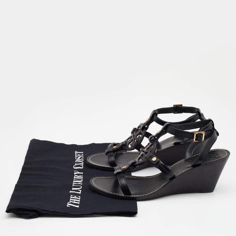 Pre Owned Tory Burch Black Leather Miller Logo Wedge Ankle Strap Sandals Size 37.5