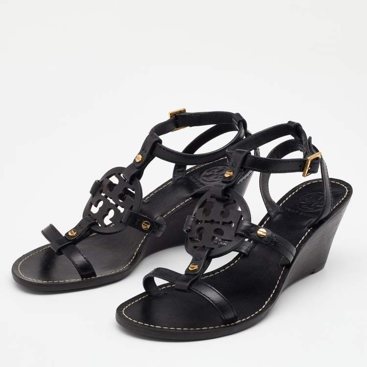 Pre Owned Tory Burch Black Leather Miller Logo Wedge Ankle Strap Sandals Size 37.5