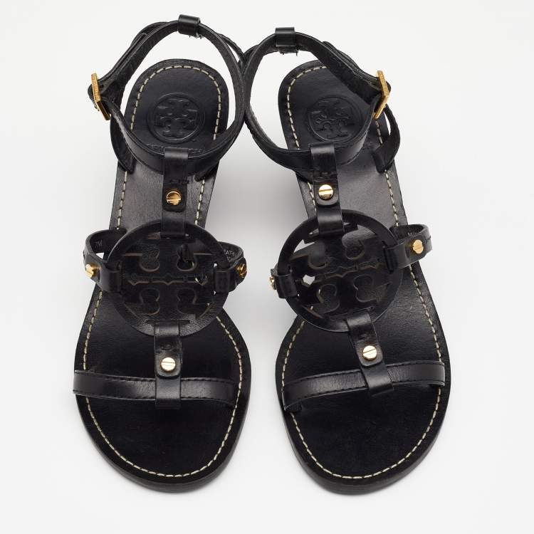 Pre Owned Tory Burch Black Leather Miller Logo Wedge Ankle Strap Sandals Size 37.5