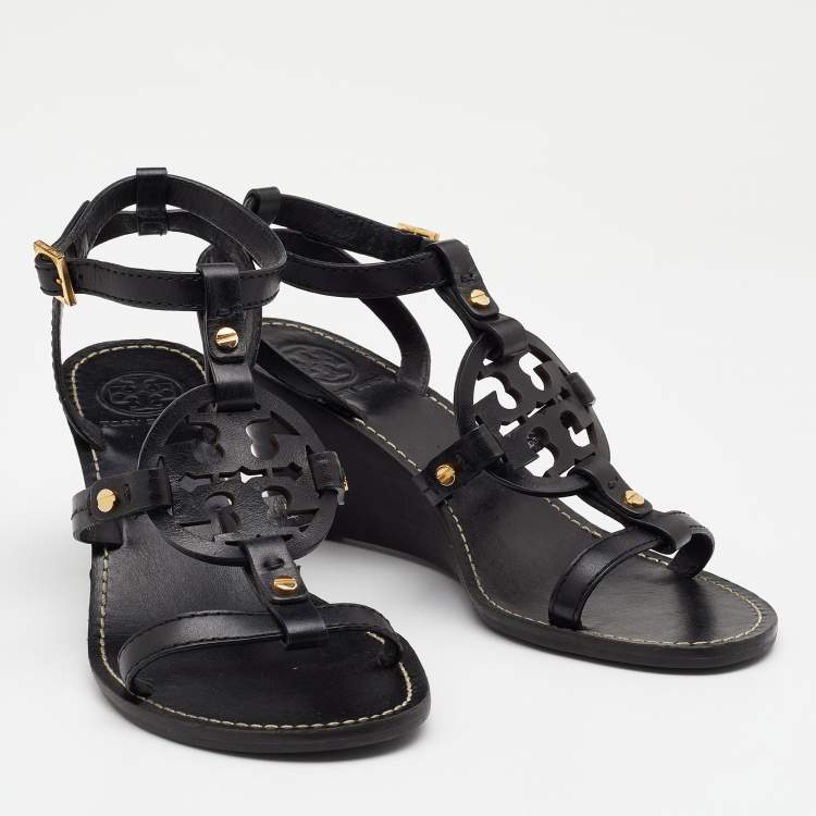 Pre Owned Tory Burch Black Leather Miller Logo Wedge Ankle Strap Sandals Size 37.5
