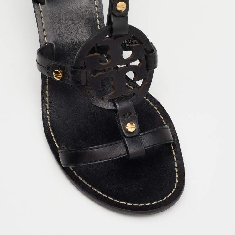 Pre Owned Tory Burch Black Leather Miller Logo Wedge Ankle Strap Sandals Size 37.5