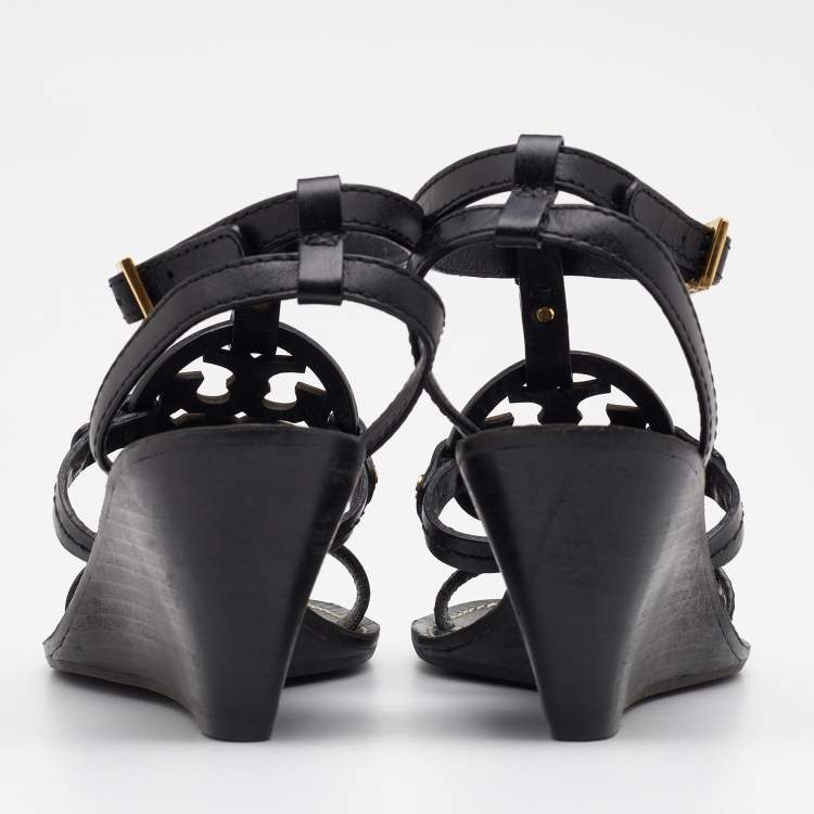 Pre Owned Tory Burch Black Leather Miller Logo Wedge Ankle Strap Sandals Size 37.5