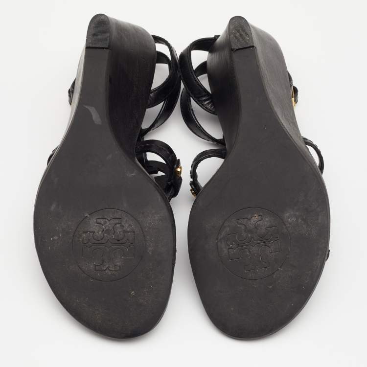 Pre Owned Tory Burch Black Leather Miller Logo Wedge Ankle Strap Sandals Size 37.5