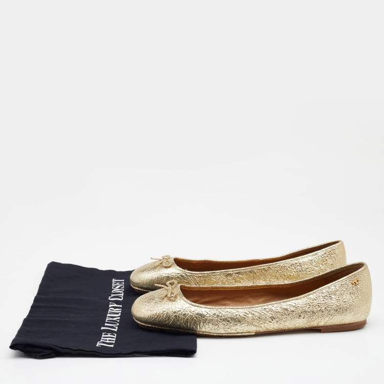Pre Owned Tory Burch Metallic Gold Laila 2 Square Toe Ballet Flats Size 41