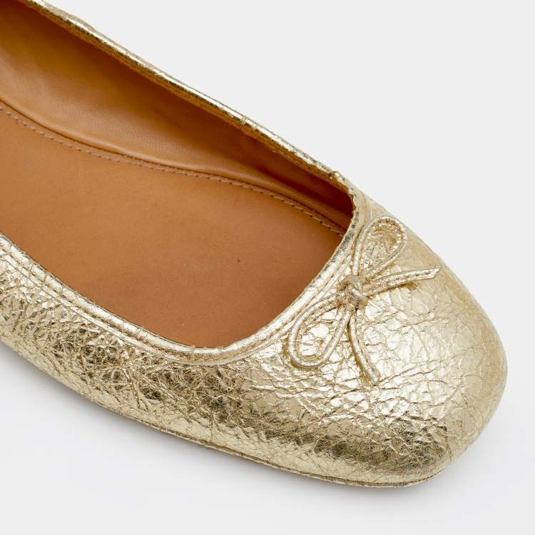 Pre Owned Tory Burch Metallic Gold Laila 2 Square Toe Ballet Flats Size 41