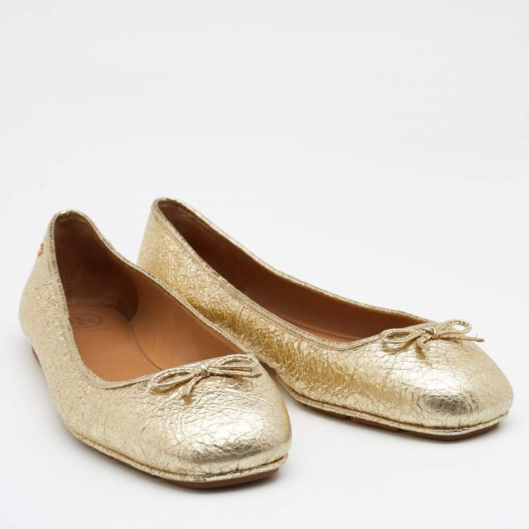 Pre Owned Tory Burch Metallic Gold Laila 2 Square Toe Ballet Flats Size 41