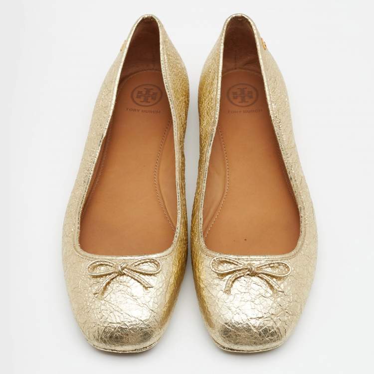Pre Owned Tory Burch Metallic Gold Laila 2 Square Toe Ballet Flats Size 41