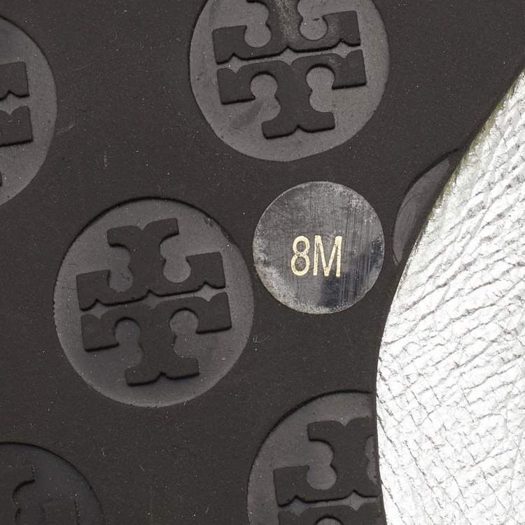 Pre Owned Tory Burch Metallic Silver Leather Reva Scrunch Ballet Flats Size 38.5
