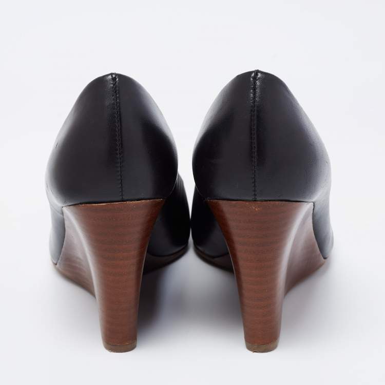 Pre Owned Tory Burch Black Leather Lowell New Logo Wedge Pumps Size 37