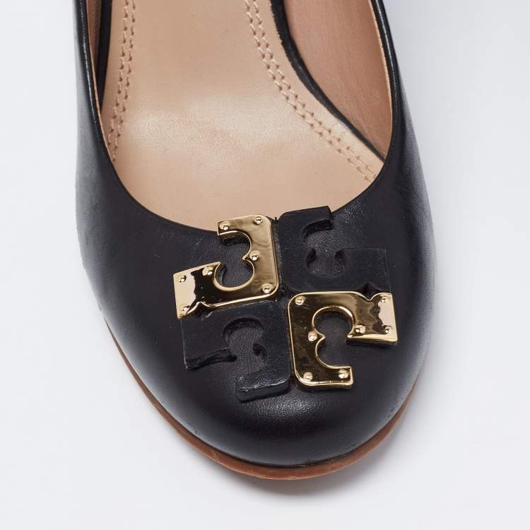 Pre Owned Tory Burch Black Leather Lowell New Logo Wedge Pumps Size 37