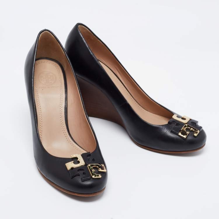 Pre Owned Tory Burch Black Leather Lowell New Logo Wedge Pumps Size 37