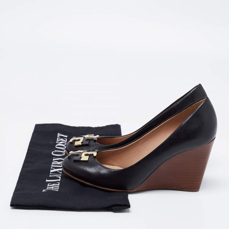 Pre Owned Tory Burch Black Leather Lowell New Logo Wedge Pumps Size 37