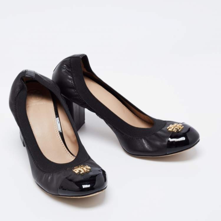 Pre Owned Tory Burch Black Leather Cap Toe Jolie Block Heel Pumps Size 37