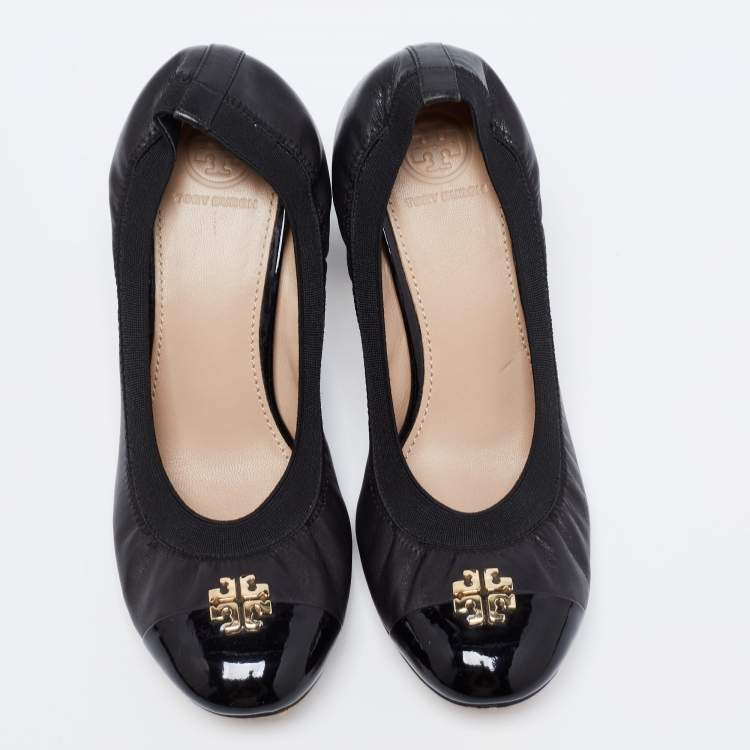 Pre Owned Tory Burch Black Leather Cap Toe Jolie Block Heel Pumps Size 37