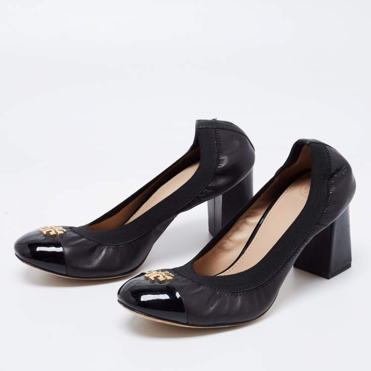 Pre Owned Tory Burch Black Leather Cap Toe Jolie Block Heel Pumps Size 37