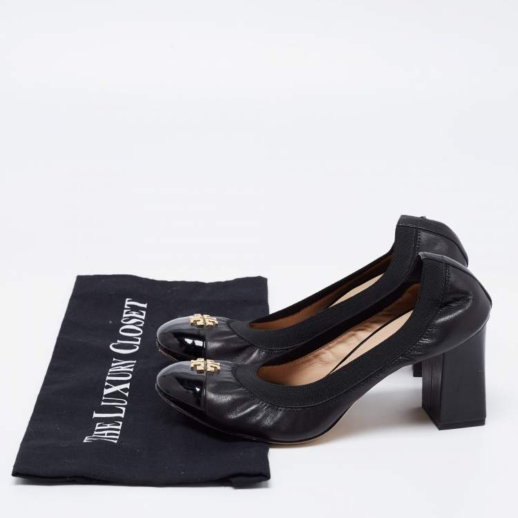 Pre Owned Tory Burch Black Leather Cap Toe Jolie Block Heel Pumps Size 37