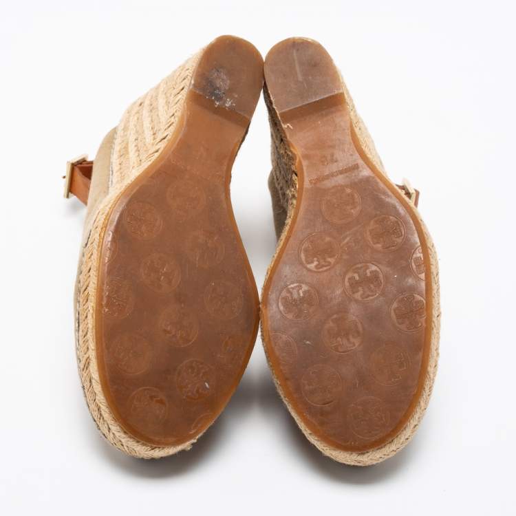 مملوكة مسبقًا Tory Burch Beige Canvas And Leather Slingback Platform Espadrille Wedge Sandals Size 37