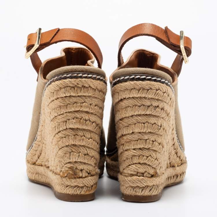 مملوكة مسبقًا Tory Burch Beige Canvas And Leather Slingback Platform Espadrille Wedge Sandals Size 37