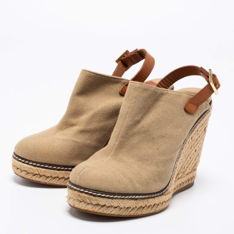 مملوكة مسبقًا Tory Burch Beige Canvas And Leather Slingback Platform Espadrille Wedge Sandals Size 37