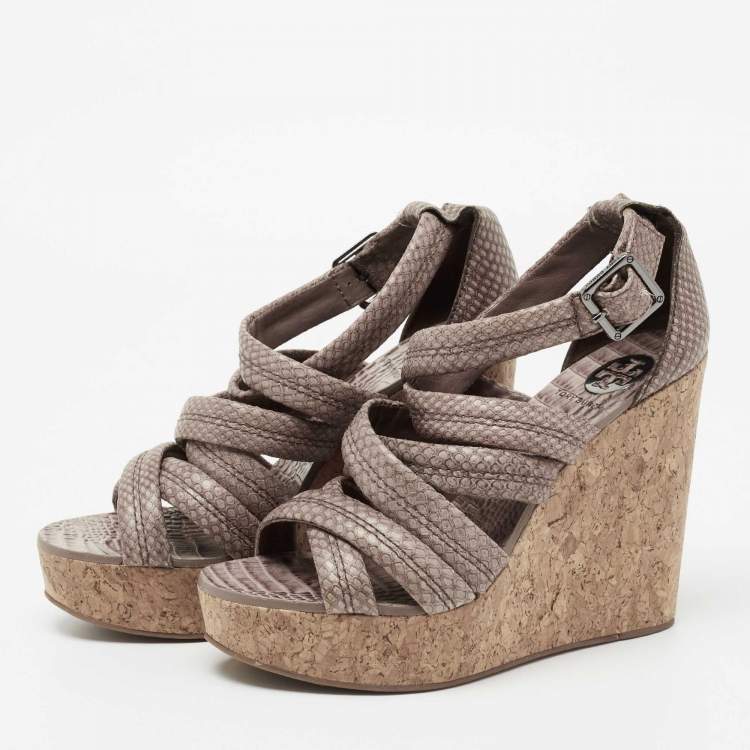 Tory Burch Taupe Python Embossed Leather Strappy Cork Wedge Sandals Size   Tory Burch | TLC