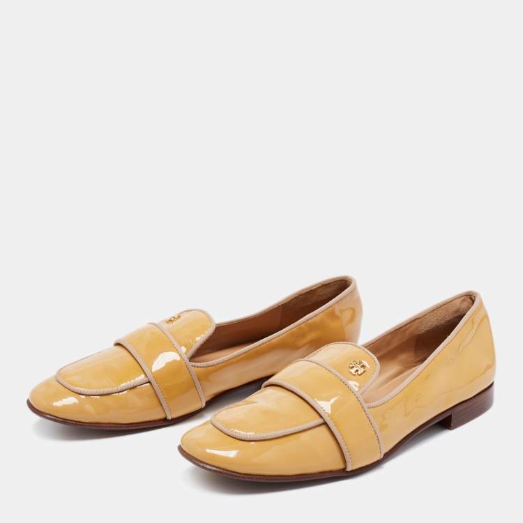 Pre Owned Tory Burch Yellow Patent Leather Slip On Loafers Size 37.5