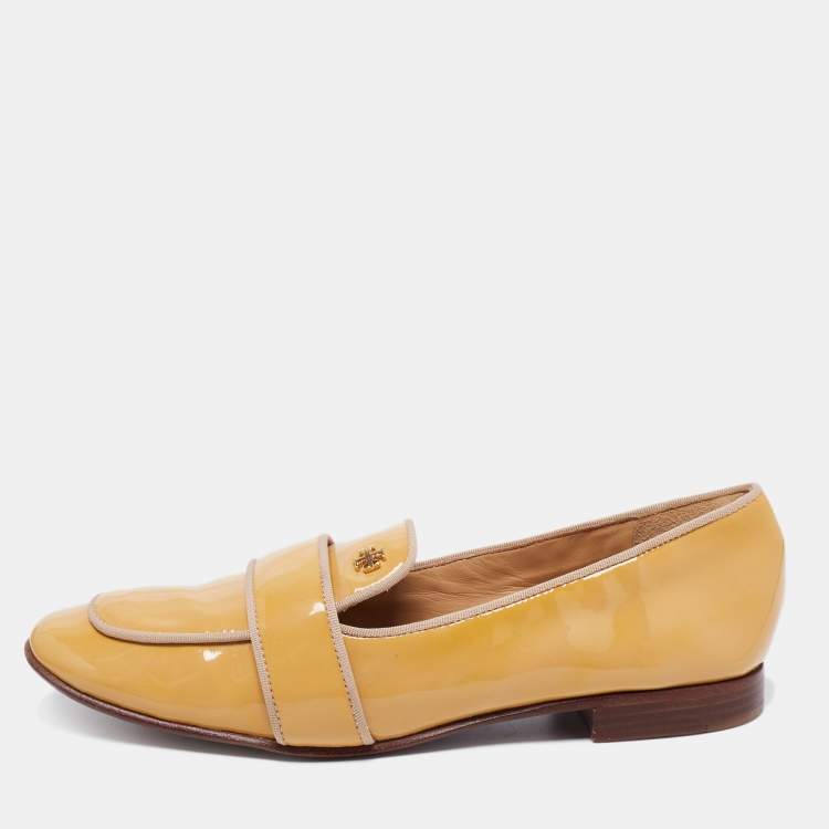 Pre Owned Tory Burch Yellow Patent Leather Slip On Loafers Size 37.5