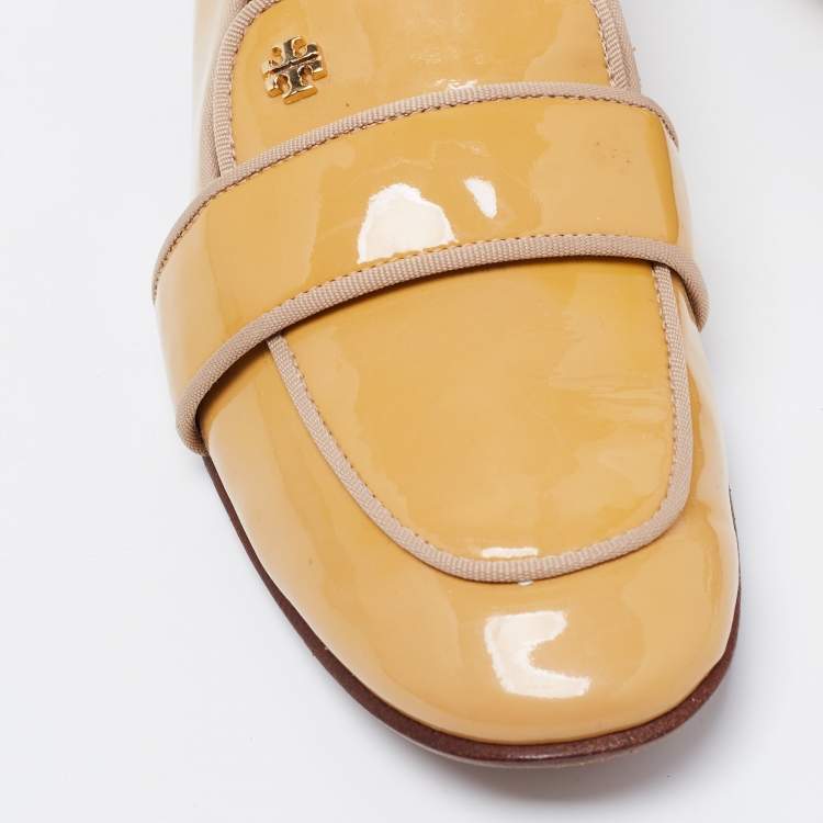 Pre Owned Tory Burch Yellow Patent Leather Slip On Loafers Size 37.5