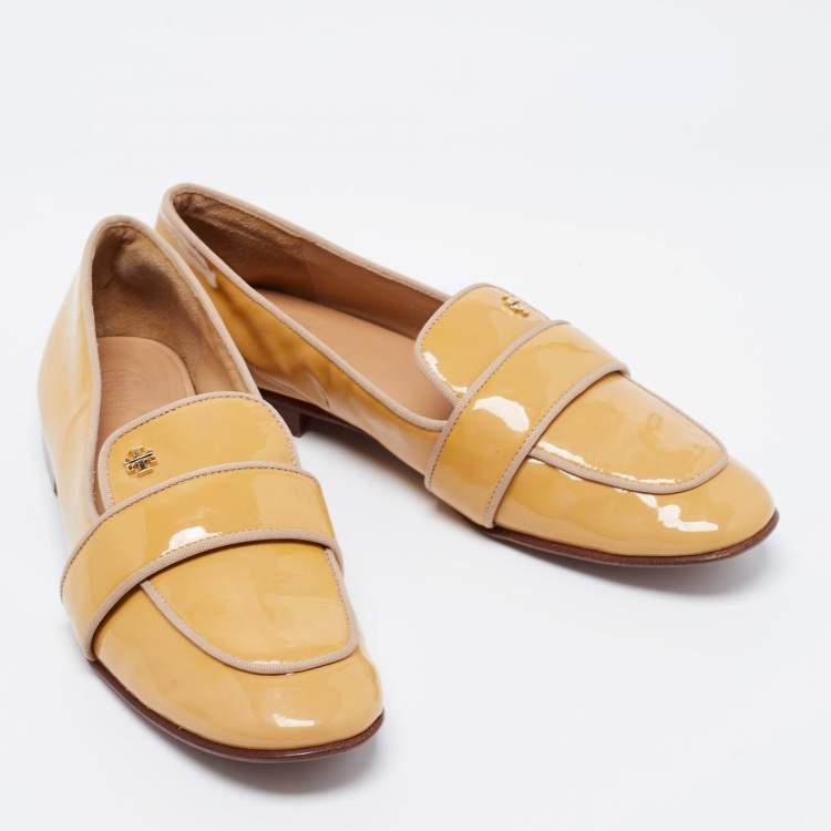 Pre Owned Tory Burch Yellow Patent Leather Slip On Loafers Size 37.5