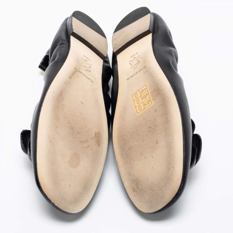 Pre Owned Tory Burch Black Leather Flower Scrunch Ballet Flats Size 37