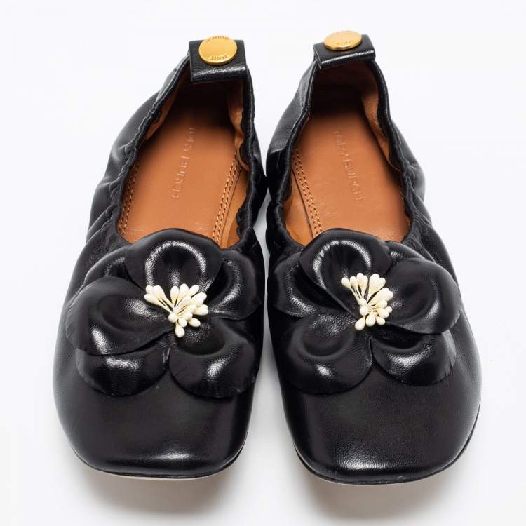 Pre Owned Tory Burch Black Leather Flower Scrunch Ballet Flats Size 37