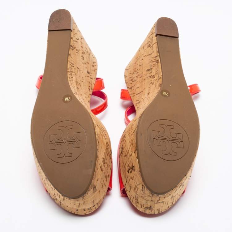 Pre Owned Tory Burch Pink Patent Leather Dahlia Cork Platform Wedge Sandals Size 37