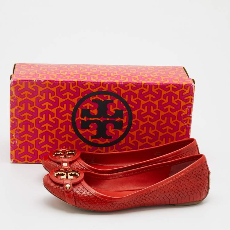 Pre Owned Tory Burch Orange Snakeskin Embossed Leather Aaden Ballet Flats Size 37.5