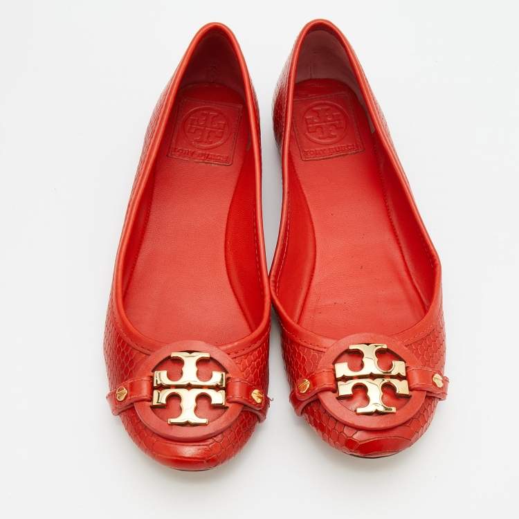 Pre Owned Tory Burch Orange Snakeskin Embossed Leather Aaden Ballet Flats Size 37.5