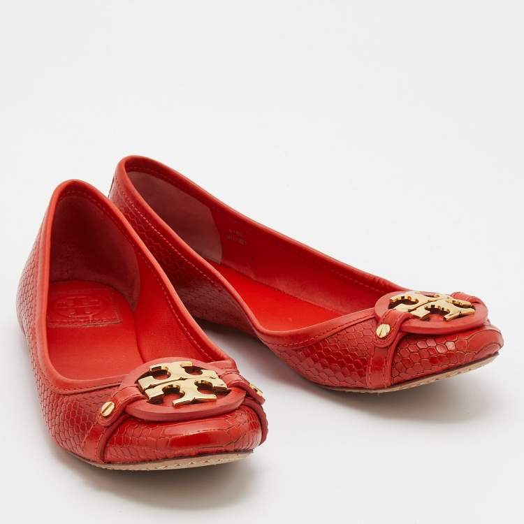 Pre Owned Tory Burch Orange Snakeskin Embossed Leather Aaden Ballet Flats Size 37.5