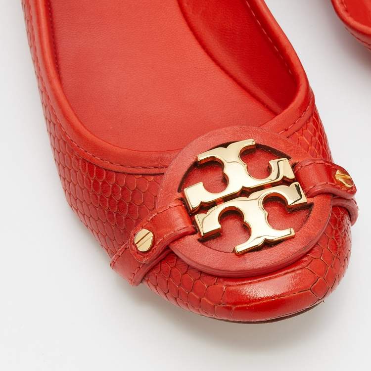 Pre Owned Tory Burch Orange Snakeskin Embossed Leather Aaden Ballet Flats Size 37.5