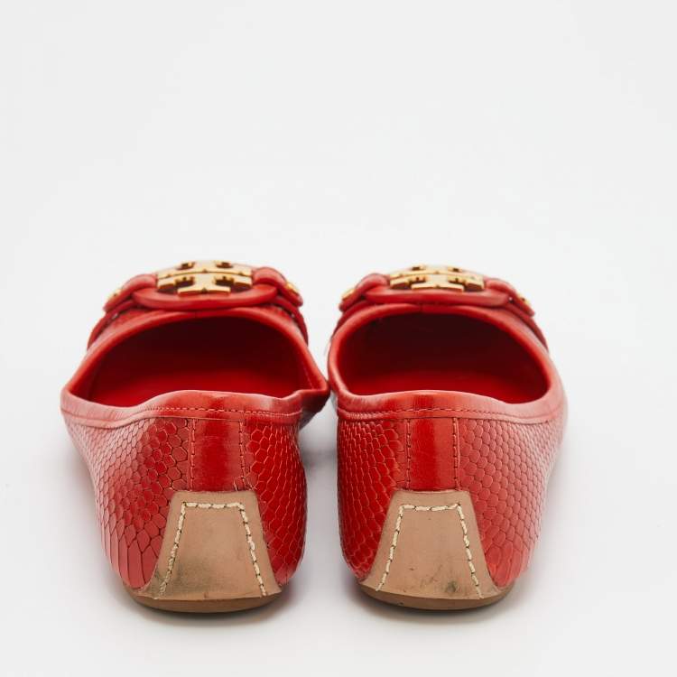 Pre Owned Tory Burch Orange Snakeskin Embossed Leather Aaden Ballet Flats Size 37.5