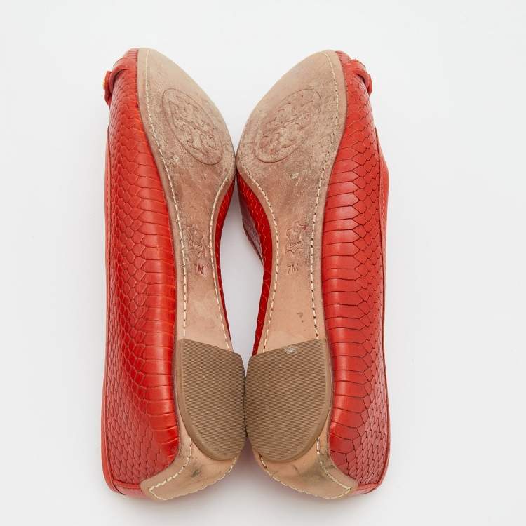 Pre Owned Tory Burch Orange Snakeskin Embossed Leather Aaden Ballet Flats Size 37.5