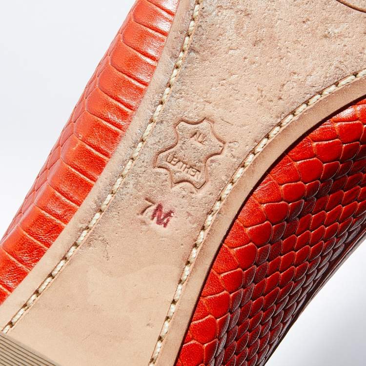 Pre Owned Tory Burch Orange Snakeskin Embossed Leather Aaden Ballet Flats Size 37.5