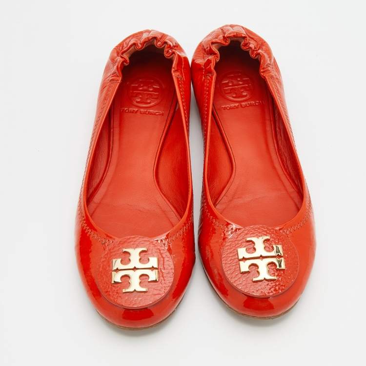 Pre Owned Tory Burch Orange Patent Leather Minnie Scrunch Ballet Flats Size 37.5