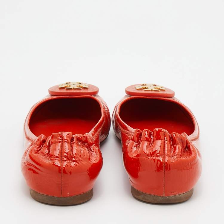 Pre Owned Tory Burch Orange Patent Leather Minnie Scrunch Ballet Flats Size 37.5
