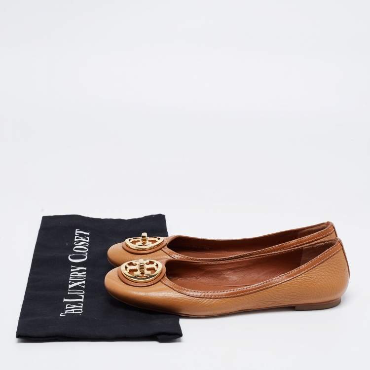 Pre Owned Tory Burch Brown Leather Round Toe Ballet Flats Size 38