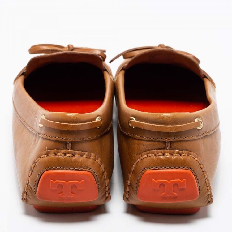 Pre Owned Tory Burch Brown Leather Bow Slip On Loafers Size 38.5